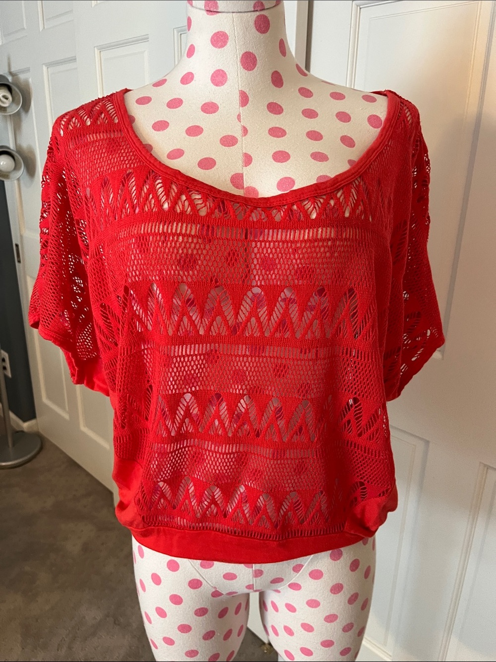 Xhilaration Coral Crochet Open-Weave Short Sleeve Crop Top